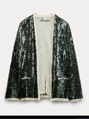 Zara Emerald Sequin Blazer with Cream Contrast Trim